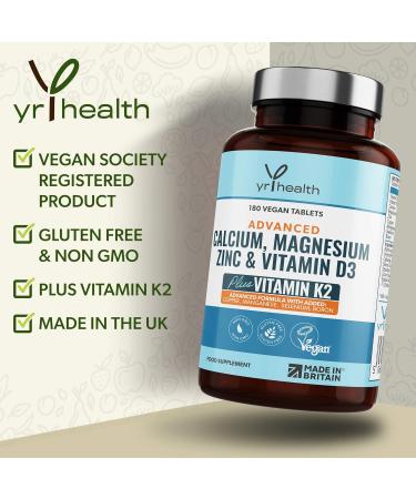 Calcium Magnesium Zinc Vitamin D with K2 MK-7 Tablets - Osteo Supplement - 180 Vegan Tablets - UK Made by YrHealth - Buy Online on GoSupps.com