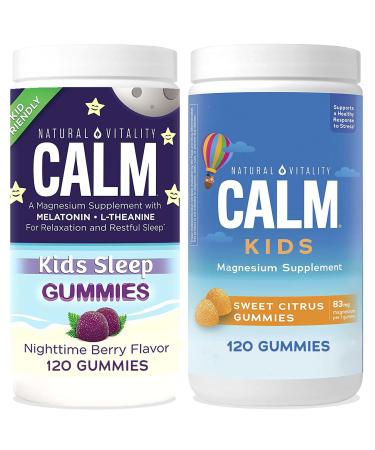 Natural Vitality Calm Magnesium Citrate Kids Supplement Stress Relief Gummies Supports a Healthy Response to Stress Gluten Free Vegan - Sweet Citrus (120 Gummies) & Nighttime Berry (120 Gummies)