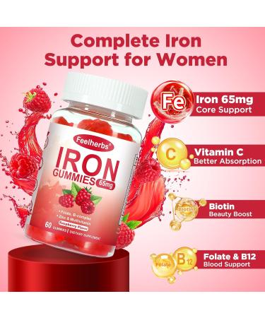 Iron Gummies for Women with Multivitamin Iron Supplement for Women with Energy & Blood Builder Raspberry Flavor Iron Vitamin Gummy with Folate B Complex Vegan 60 Gummies - Buy Online on GoSupps.com