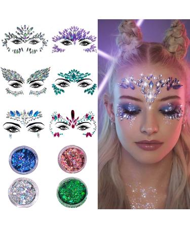 6 Sets Face Jewels Stickers Face Gems Temporary Tattoo Stickers Mermaid Face Crystal with 4 Boxes Face Glitter for Festival Rave Carnival Party