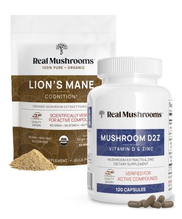 Real Mushrooms Vitamin D2 Chelated Zinc Chaga Reishi (120ct) and Organic Lion's Mane Powder (60 Servings) Bundle - Immunity and Cognitive Support Improved Absorption - Vegan Gluten Free Non-GMO