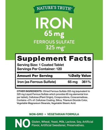 Nature's Truth Iron 65 mg - 120 Coated Tablets | Supports Energy & Wellness - Buy Online on GoSupps.com