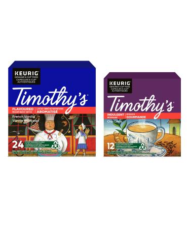 Timothy's French Vanilla Latte and Chai Latte Single Serve Keurig Certified K-Cup pods for Keurig brewer
