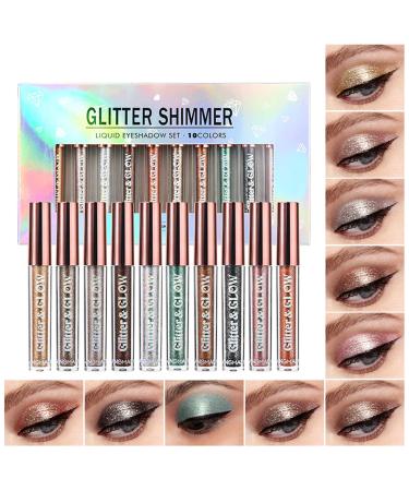 Langmanni 10PCS Liquid Eyeshadow Shimmer Glitter Liquid Eye Shadow Set Waterproof Long Lasting Metals Sparkling Eyes Makeup Liquid Eyeshadow for Party Wedding Festival or Daily Makeup