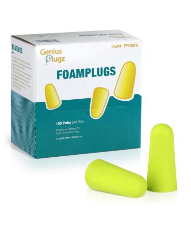 Genius Plugz Noise Cancelling Disposable Soft Foam Uncorded Ear Plugs Hearing Protection - 32dB NRR Rated Hi-Visibility Colors 100 Pairs Individually Packed in Box (Hi-Viz Green) Green 100 Uncorded Pairs