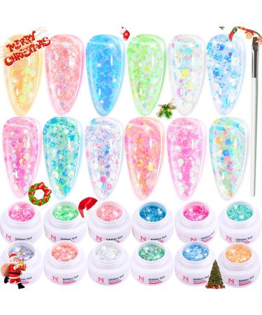 Noirwhite Glitter Gel Nail Polish Set -12 Colors Sparkle Aurora Sequins Gel Polish Resplendent Neon Colorful Trendy Translucent Glitter Solid Nail Polish Kit Pink Gold White Blue Green Soak Off UV LED Solid Gel Nail Polish for Home DIY Manicure Nail Salon