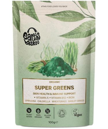 Earths Basket Organic Super Greens Powder 100g (Blend of Spirulina Powder Chlorella Powder Wheatgrass Powder & Barley Grass Powder - Vitamin A B12 & Iron)