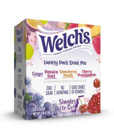 Welch's Singles To Go Variety Pack Watertok M lange de boissons en poudre contient 4 saveurs : raisin fruit de la passion p che fraise grenade cerise 1 bo te (40 portions) Vari t : 40 carats 0.08 g (Lot de 40)