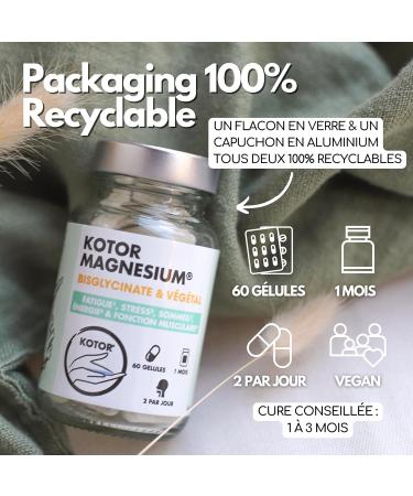 Pack of 3 Magnesium Bisglycinate | 100% Natural and French | Fatigue Stress Sleep Sport + Sea Lettuce + Vitamin B6 + Taurine | 60 Capsules | KOTOR PHARMA laboratory - Buy Online on GoSupps.com