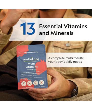 Herbaland Vegan Multivitamins Gummies for Adults - 90 Count Sugar-Free Organic Supplement with 13 Essential Vitamins - Vitamin A, C, D3, E, B6, B12, Zinc - Mixed Berry Flavor - Buy Online on GoSupps.com