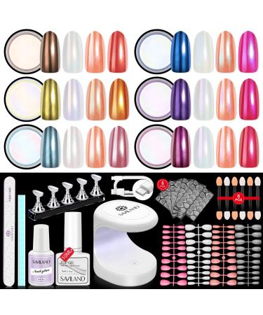 Saviland Chrome Nail Powder Kit 6 Colors Aurora Chrome Powder for Nails with U V LED Nail Lamp Top Gel Press on Nails Tips Nail Glue Basic Nail Tools Kit for Home DIY Chrome Mirror Effect Nail Art