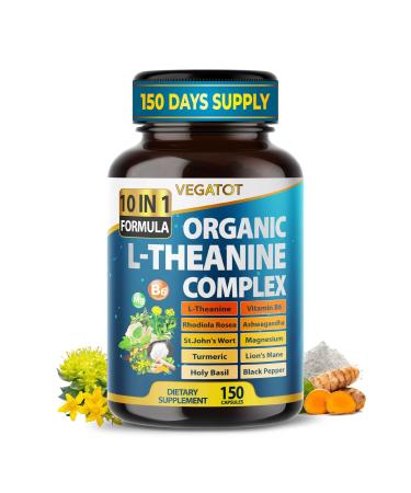 VEGATOT Ultra Organic L-Theanine Complex 10-in-1 Formula with Vitamin B6, Magnesium, Rhodiola, Ashwagandha, Turmeric & Holy Basil Supports Calm Mood, Relaxation & Focus 150 Capsules 150 count (pack of 1)