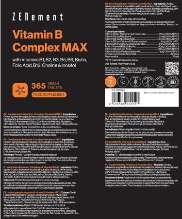 Vitamin B MAX Complex 365 Tablets | 8 B Vitamins + Choline & Inositol | Helps Reduce Fatigue and Contributes to Good Mental and Immune System Function | Vegan | Zenement - Buy Online on GoSupps.com