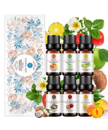 RAINBOW ABBY 6-PACK Fruit Essential Oil Set 100% Pure Orangic Oils (Mango Strawberry Coconut Pineapple Apple Peach) 6x10ML