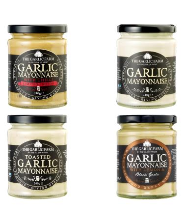 Garlic Farm Mayonnaise Jar Pick N Mix - Choose From 4 Flavours | Black-Garlic Garlic-Mayonnaise Garlic-Mayo with Chilli Toasted Garlic-Mayonn - Pack of 4 x 240g