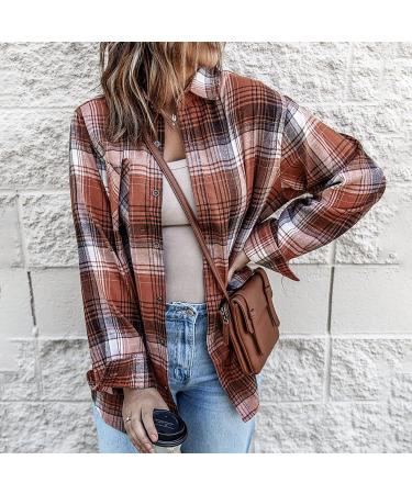 Routinfly Womens Autumn Color Block Plaid Jacket - Stylish Button Down Shirt Coat Top in L Orange | Fashion Casual Loose Fit - Buy Online on GoSupps.com