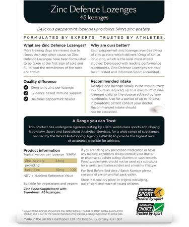 Healthspan Elite Zinc Defence Lozenges 34mg (45) | Immune Support for Cold & Flu | All Blacks Partner | Peppermint Flavored | Vegan | Informed Sport Accredited - Buy Online on GoSupps.com