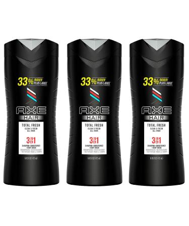 Axe Hair 3 in 1 - Total Fresh - Shampoo + Conditioner + Body Wash - Net Wt. 16 FL OZ (473 mL) Per Bottle - Pack of 3 Bottles