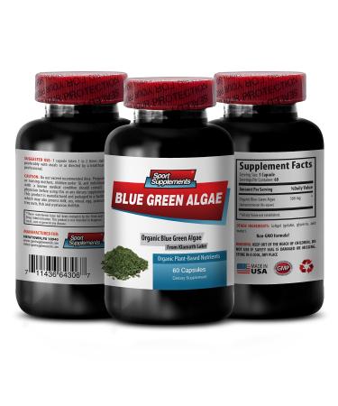 Pure Herbal Supplement - Klamath Blue Green Algae 500mg - Increase Energy Levels Improve Digestion and Enhance Immune System spirulina chlorella Klamath Blue Green Algae Powder - 1B 60 Capsules