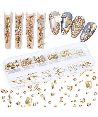 660Pcs Champagne Gold Crystal Rhinestones Nail Art Flat Back Round Multi Sized Shapes Stones Gem Rhinestone Beads for Nail Art DIY Jewelry Crafts Accessories S1