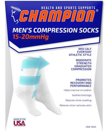 Buy Champion Men's Compression Socks 15-20 mmHg - Athletic Fit Crew Length Black Large | Cushioned Mid-Calf Sports Socks for Enhanced Performance - Buy Online on GoSupps.com