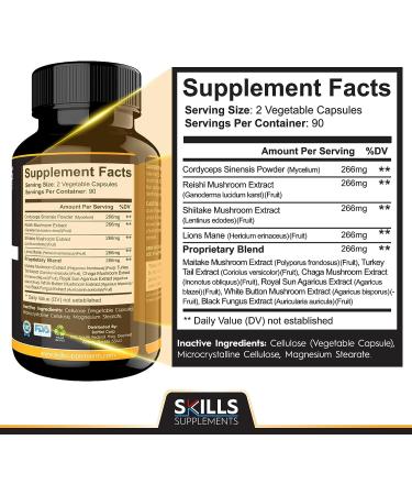 Skills Mushroom Supplement - 180 Capsules | Nootropic Brain Complex with Lions Mane, Cordyceps, Reishi, Shiitake - Immunity, Stress Relief & Memory Support - Buy Online on GoSupps.com