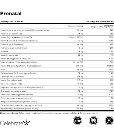 Celebrate Vitamins Bariatric Prenatal Multivitamin Capsules with Folate (Folic Acid) Vitamin A Iron Iodine and Choline for Roux en Y and Sleeve Gastrectomy Patients 60 Count - Buy Online on GoSupps.com