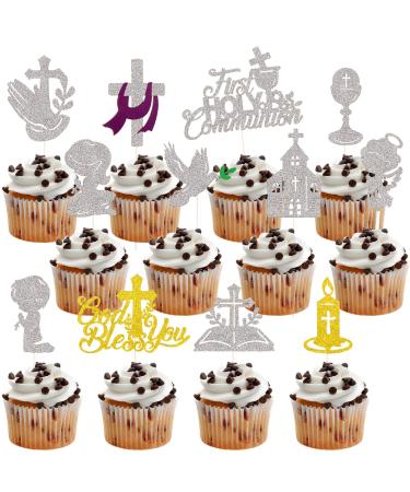 First Holy Communion Cupcake Toppers Picks Glitter Decorations Baptism Party Supplies