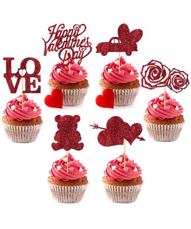 Valentine's Day Cupcake Toppers 12pcs Red Glitter Happy Valentines Day Cake Topper Love Heart Valentine Cupcake Picks for Valentine Theme Party Wedding Engagement Cake Decorations A7AXZTCQ
