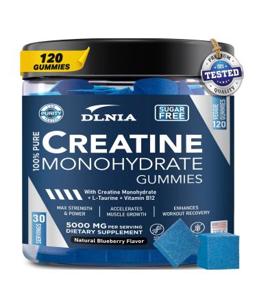 Creatine Monohydrate Gummies for Men & Women - Sugar Free & Vegan Advanced Formula W/L-Taurine + Vitamin B12 - for Muscle Strength Muscles Builder Recovery Energy Boost Pre-Workout Supplement Blueberry 120 Count (Pack of 1)