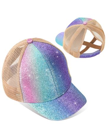 Girls Glitter Baseball Cap Criss Cross Ponytail Hat Adjustable High Messy Bun Ponycap Kids Trucker Hat Multicoloured #02