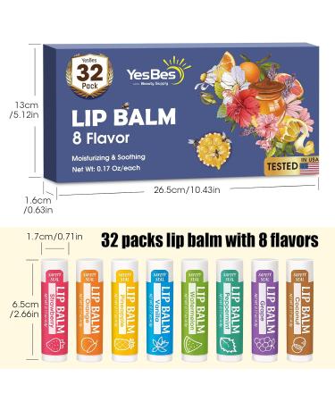 YesBes 32 Pack Lip Balm Natural Lip Balm Bulk with Vitamin E and Coconut Oil Moisturizing Lip Balms for Dry Cracked Lips Lip Balms for Valentines Gifts Stocking Stuffers - 8 Flavors - Buy Online on GoSupps.com