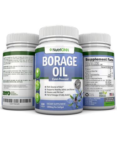 NutriONN Borage Oil 1000mg - 180 Softgels - Cold Pressed High GLA Seed Oil - Hexane & PA Free - Skin, Hair, Joints, Bones Support - Buy Online on GoSupps.com
