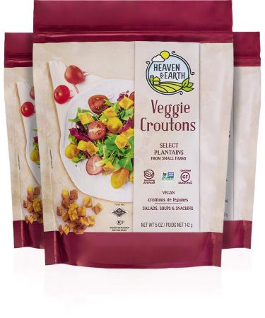 Heaven & Earth Veggie Croutons, 5oz (3 Pack) Gluten Free, Made from Plantains, Nothing Artificial, Great for Salads, Soups & Snacking!