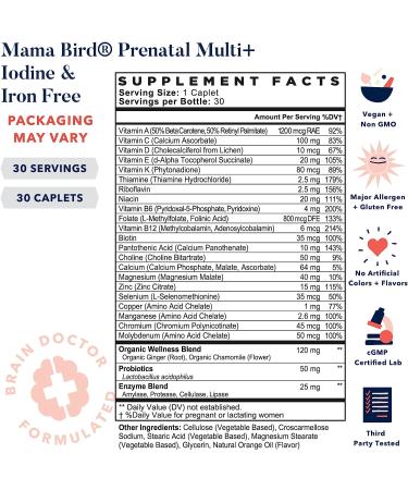 Mama Bird Prenatal Vitamin Iron-Free with Methylfolate | Vegan, Organic Herbal Blend | Healthy Pregnancy Secrets Guide Included | 30 Ct - Buy Online on GoSupps.com