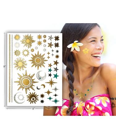 Terra Tattoos Tropical Hawaiian Metallic Temporary Tattoos - 75 Gold Silver Designs with Turtles, Dolphins, Stars, Sun, Moon, and more! - Buy Online on GoSupps.com