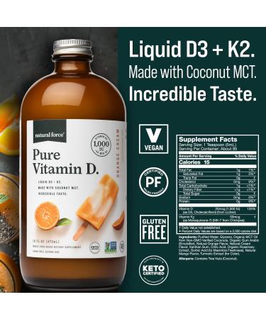 Natural Force Pure Vitamin D Liquid D3 & K2 with Coconut MCT 1 000 IU Immunity & Nutrient Absorption Booster- Vegan - Orange Cream 16 fl oz - Buy Online on GoSupps.com