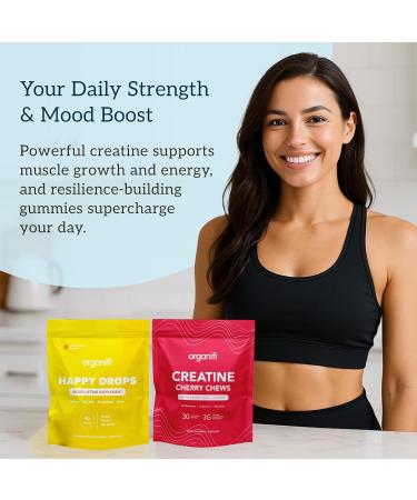 Organifi Strength and Mood Bundle - 30 Servings of Creatine Cherry Chews and Lemon Happy Drops - Delicious Creatine Monohydrate and Calming Saffron Gummies for Men and Women - Buy Online on GoSupps.com