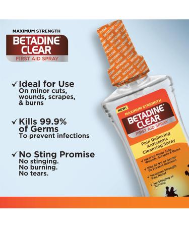 BETADINE Clear First Aid Spray - Max Strength Antiseptic Pain Relief No Stinging Kills 99.9% Germs 6 oz - International Shipping Available - Buy Online on GoSupps.com