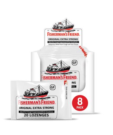 Fisherman's Friend Original Extra Strong Cough Lozenges (20 Drops x 8 Packs) 10mg Natural Menthol Cooling Relief from Sore Throat Persistent Cough & Everyday Irritation Vegan & Gluten-Free Brown