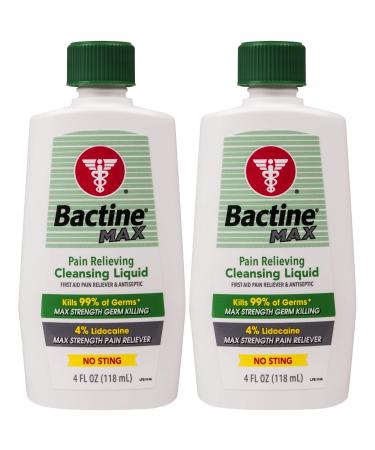 Bactine Max Pain Relieving Cleansing Liquid with Lidocaine, First Aid Pain + Itch Relief, Kills 99% of Germs*, 4oz 2 Pack