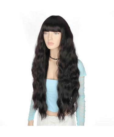 YEESHEDO Long Black Wigs with Fringe - Natural Looking 28 Inches Curly Wavy Synthetic Hair for Women - Ideal for Daily Wear and Halloween Cosplay - Buy Online on GoSupps.com