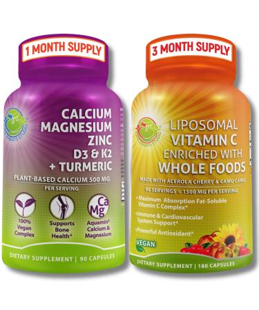 Plant-Based Bone & Immune Support Supplement Bundle Liposomal Vitamin C 1500mg with Organic Acerola & Camu Camu + Calcium Magnesium Zinc with Vitamin D3 K2 & Turmeric Vegan Non-GMO