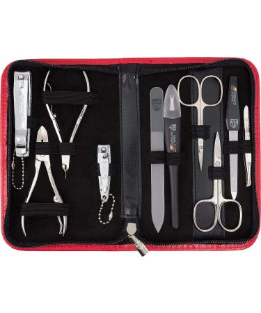 Three swords - germany 10 pcs.Travel set 'Spezia' |Nail care set in red synthetic leather case |Contents: nail scissors skin scissors nail pliers tweezers glass nail files and much more