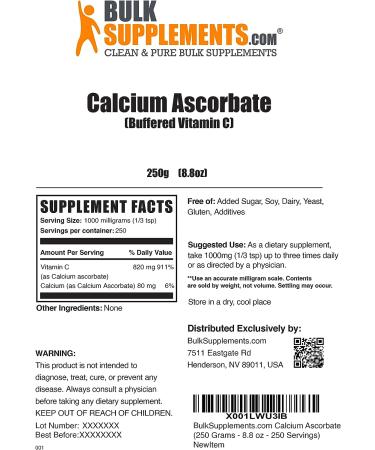 BulkSupplements Calcium Ascorbate Powder 250g - Buffered Vitamin C with Calcium - 1000mg per Serving - 250 Servings - 8.8 oz - Buy Online on GoSupps.com
