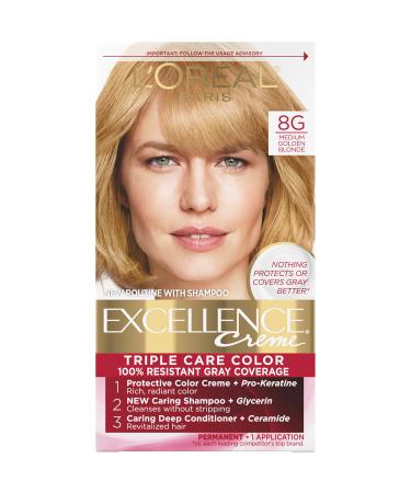 L'Oreal Paris Excellence Creme Permanent Triple Care Hair Color  8G Medium Golden Blonde  Gray Coverage For Up to 8 Weeks  All Hair Types  Pack of 1 1 Count (Pack of 1) 8G Medium Golden Blonde