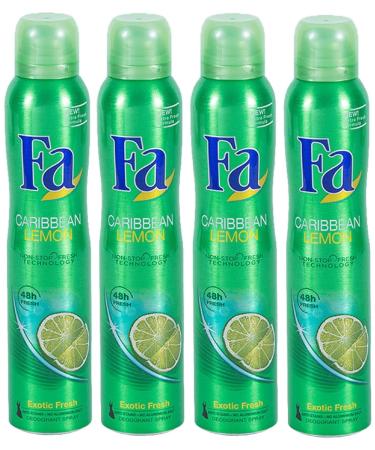 Economy size 200ml/6.7 ounces Fa 48h Deodorant Spray for Men & Women (4 Packs) (Caribbean Lemon)