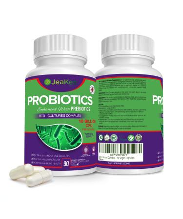 JeaKen PROBIOTICS for Women and Men Prebiotics-Enriched Probiotics Gut Health Supplement for Digestive Support Bloating Relief Anti-Bloating Probiotic Complex 90 Vegan Capsules
