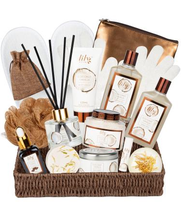 Coconut Vanilla Spa Bath Gift Set for Women, 17pcs Spa Gift Baskets Set for Women Bath and Body Set Spa Kit with Shower Gel, Bubble Bath, Shower Steamer, Bath Bomb Basket Set for Men Holiday Christmas Thanksgiving Day Birthday Mother Father Day.