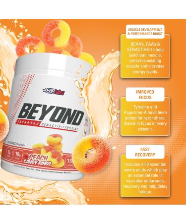 EHP Labs Beyond BCAA Powder Amino Acids Supplement for Muscle Recovery - 8g of Sugar Free BCAAs Amino Acids Post Workout Recovery Powder & 10g of EAA Amino Acids Powder - 60 Servings (Peach Candy Ring) Peach Candy Rings - Buy Online on GoSupps.com